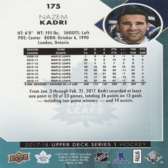 Nazem Kadri - 2017/2018 Upper Deck Series 1 Hockey Card - Picture 2 of 2